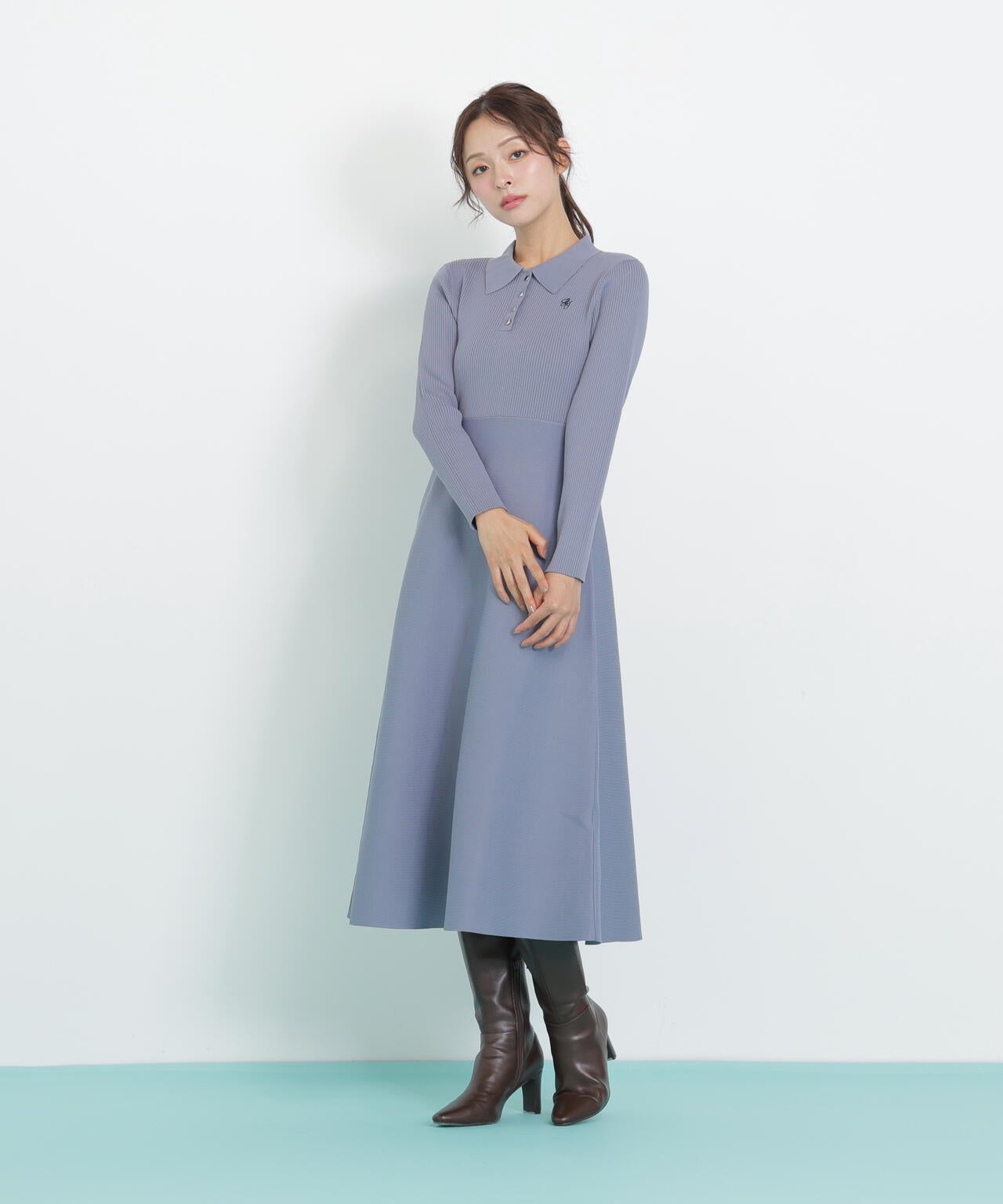 長袖ポロネックニットワンピース