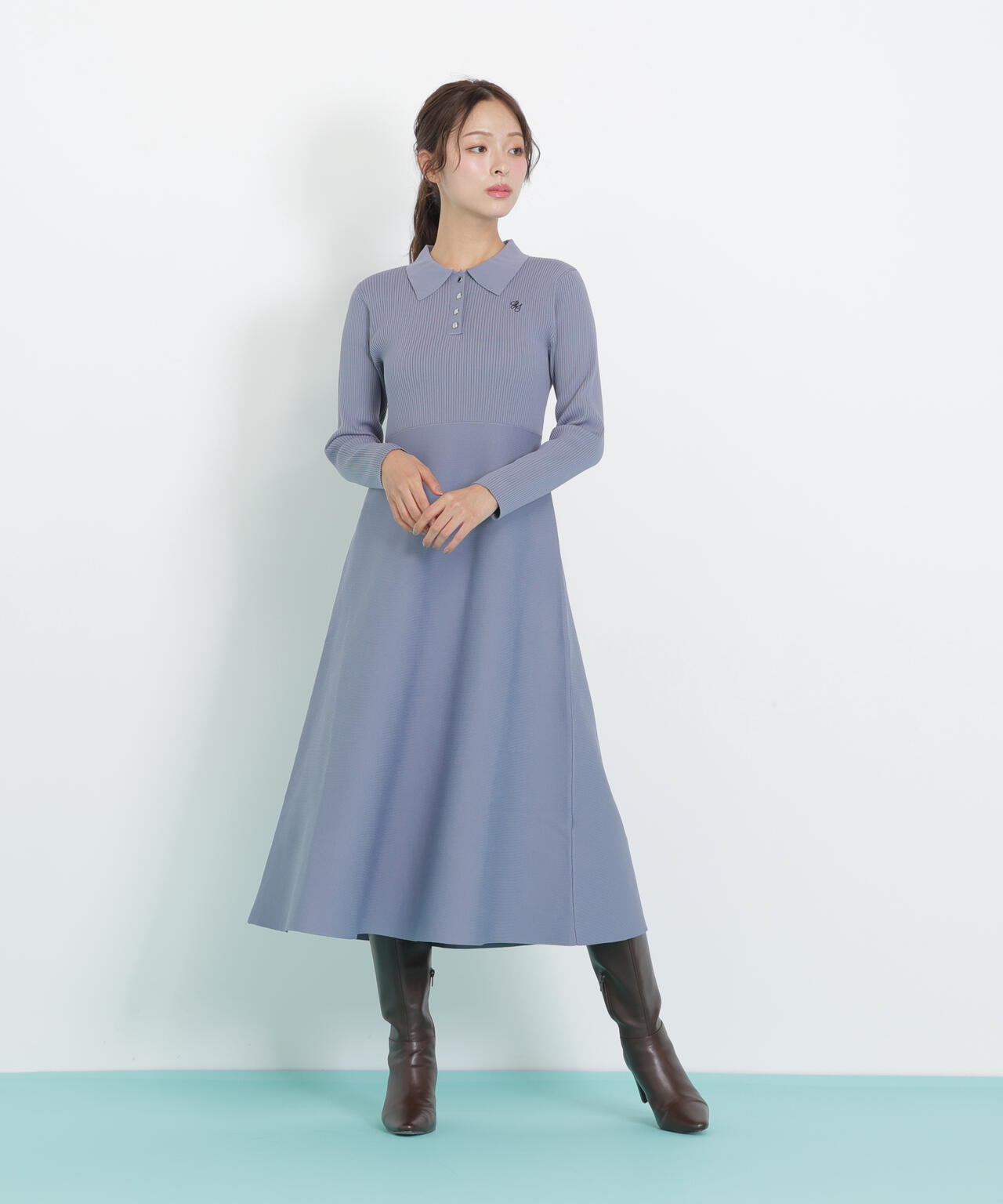 長袖ポロネックニットワンピース