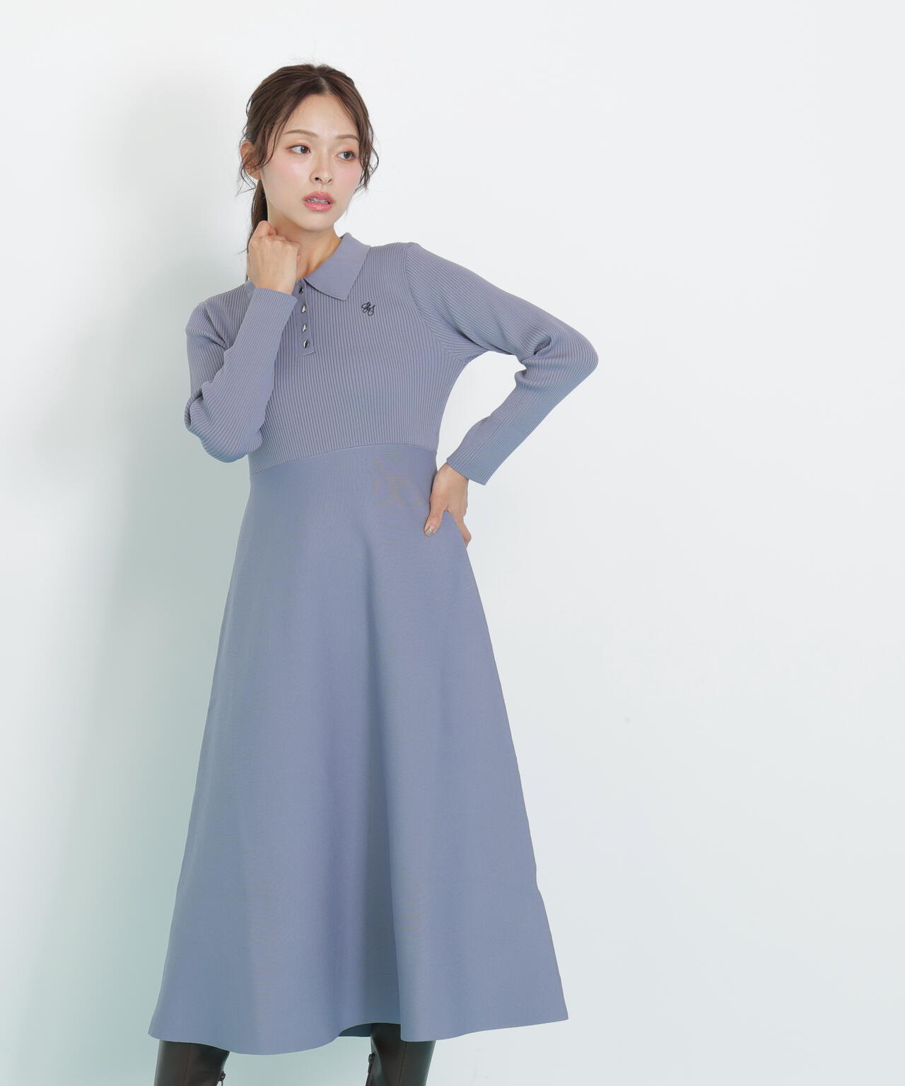 長袖ポロネックニットワンピース