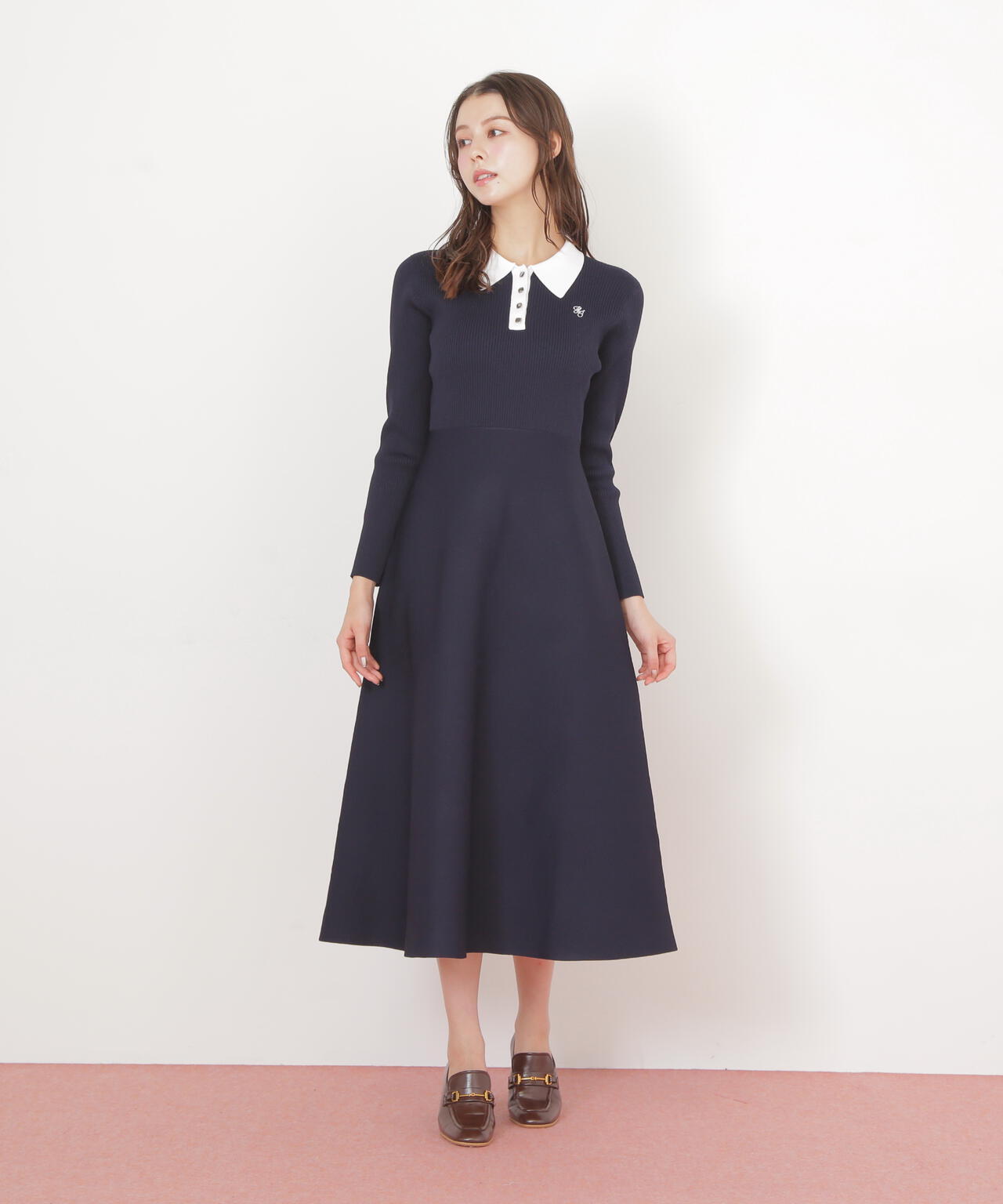 長袖ポロネックニットワンピース