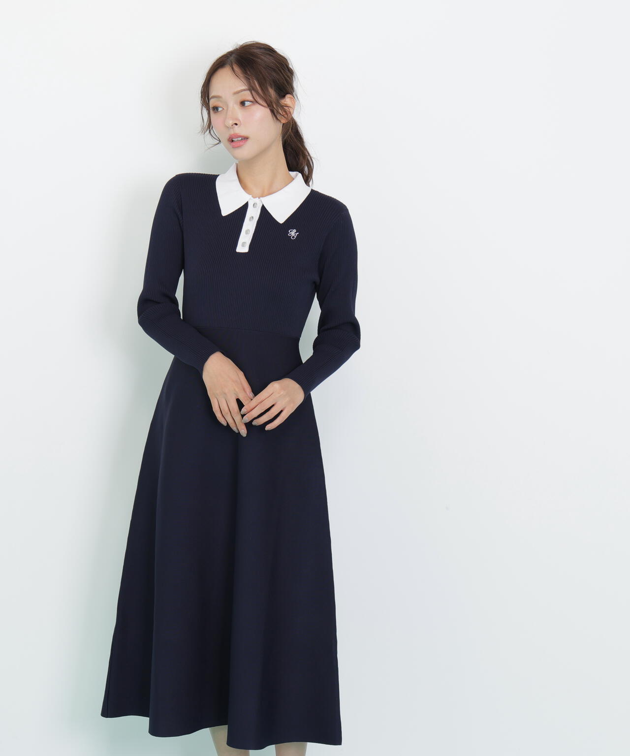 長袖ポロネックニットワンピース