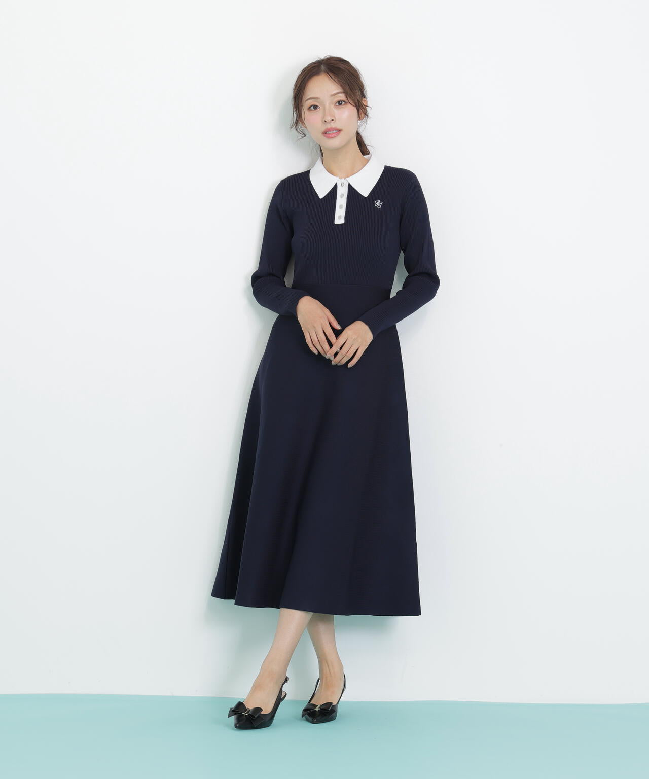 長袖ポロネックニットワンピース