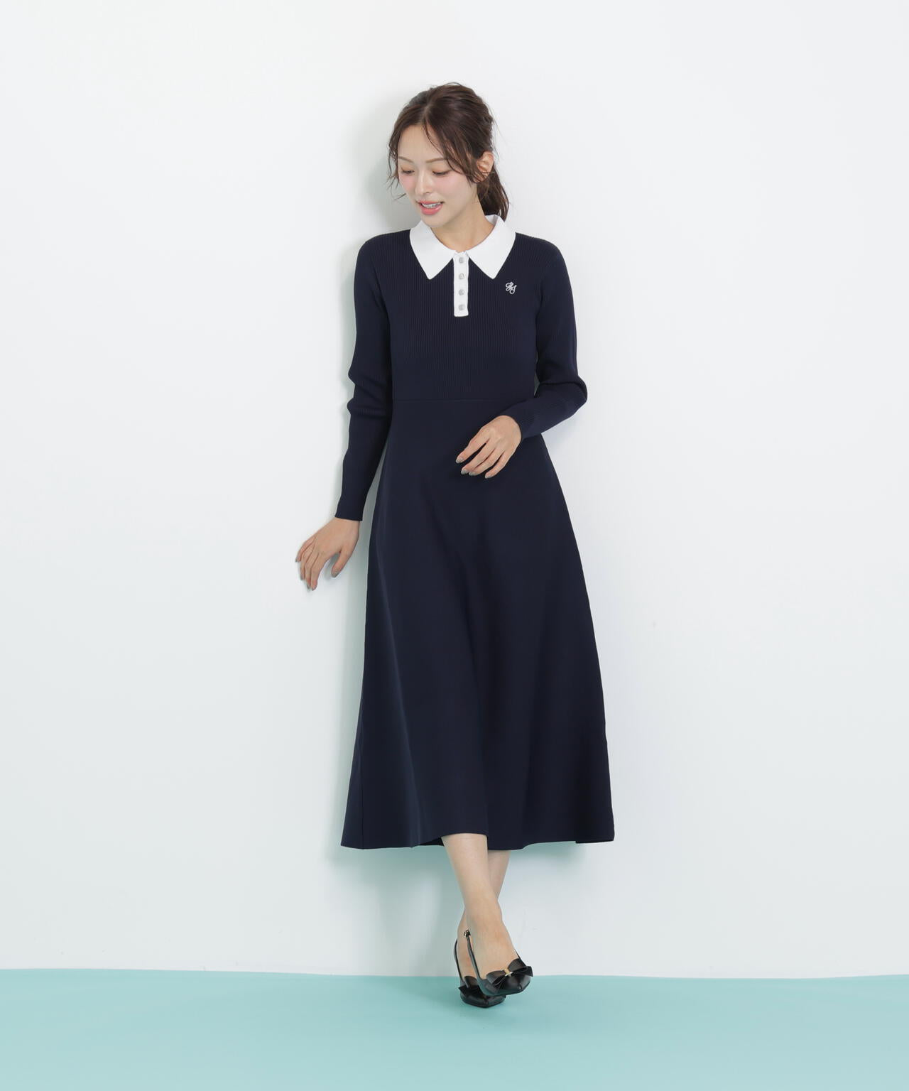 長袖ポロネックニットワンピース