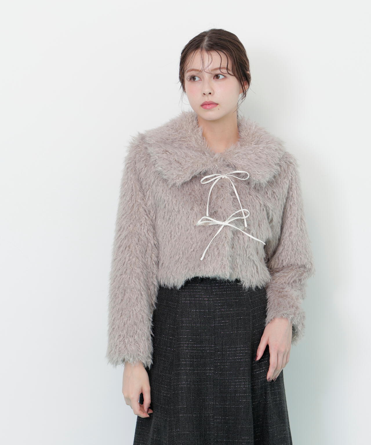 リボンダッフルショートファーコート
