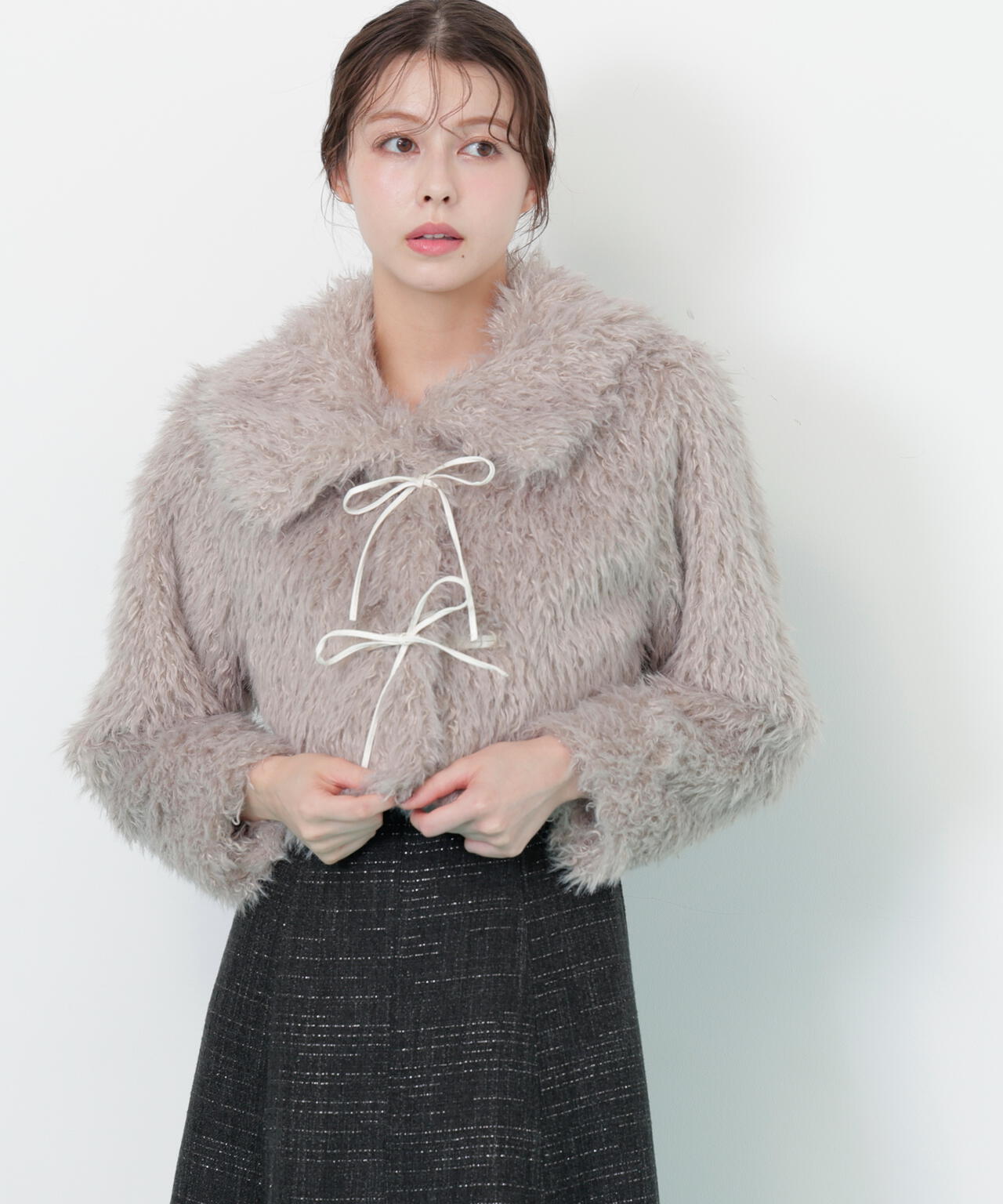 リボンダッフルショートファーコート