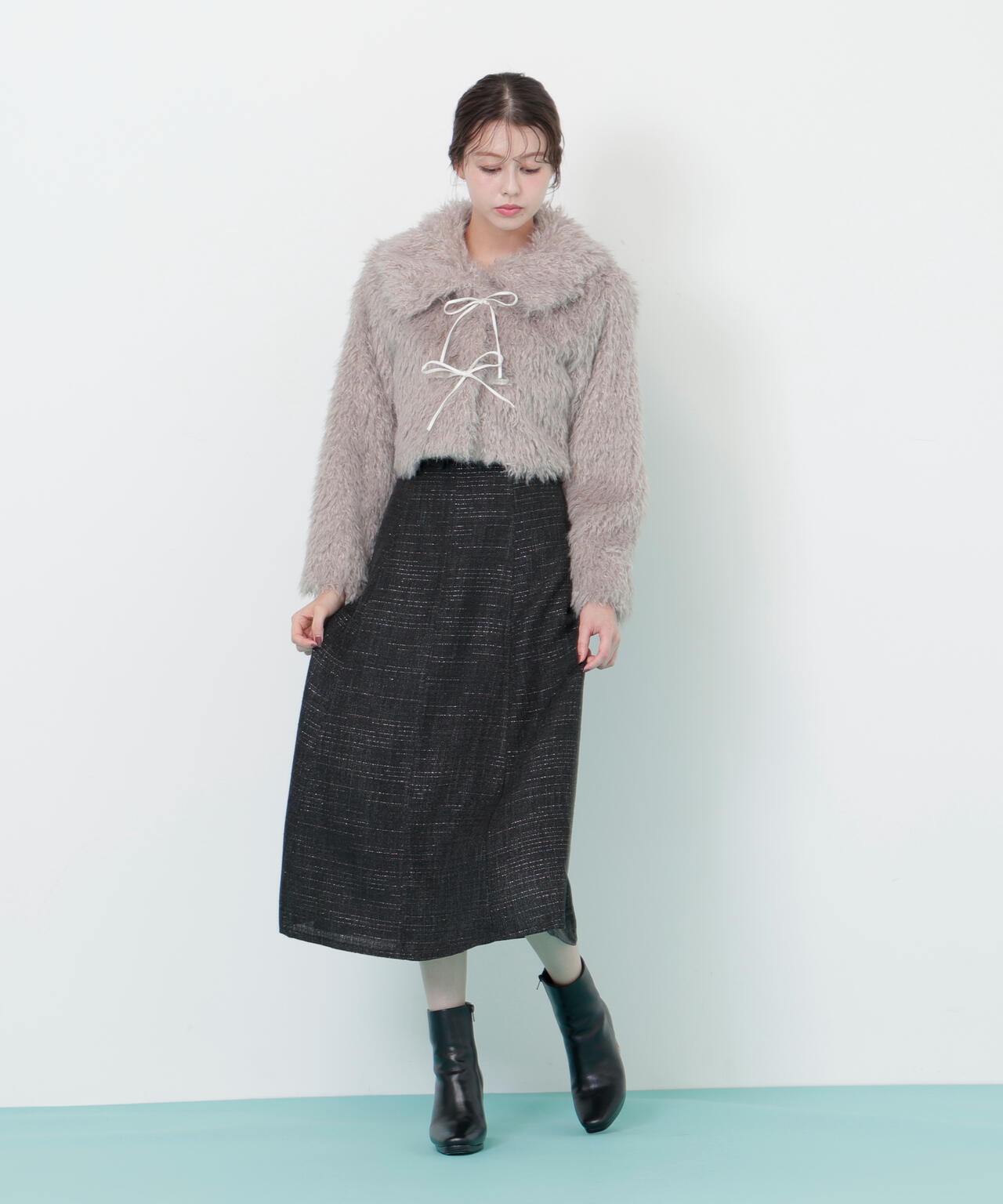 リボンダッフルショートファーコート