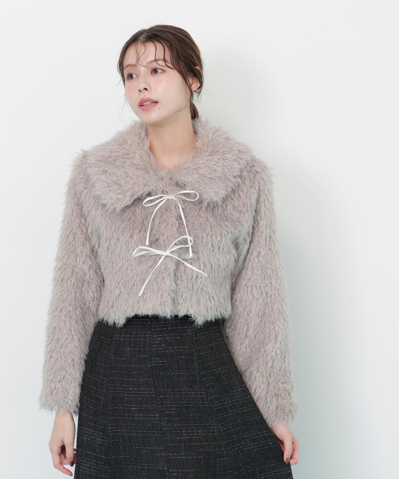 リボンダッフルショートファーコート