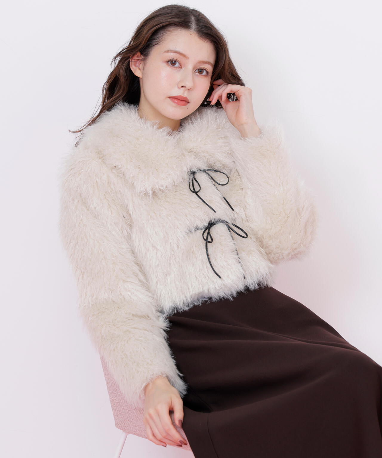 リボンダッフルショートファーコート