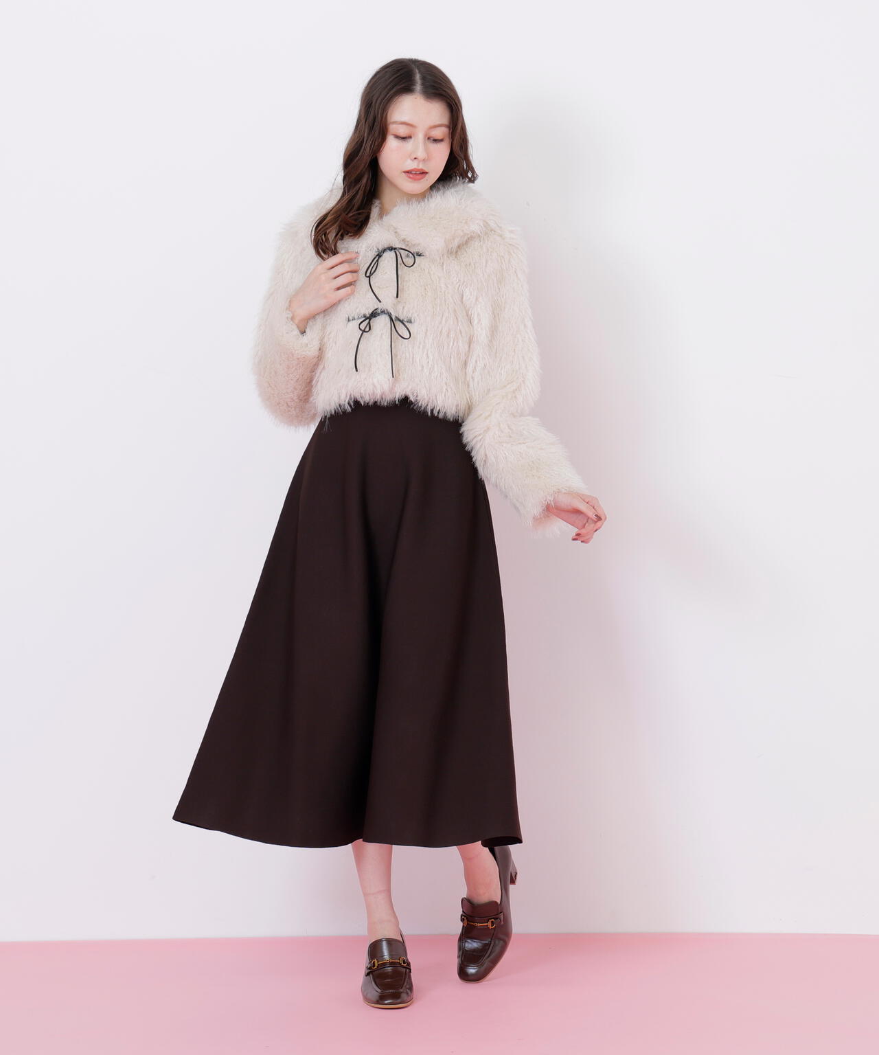 リボンダッフルショートファーコート