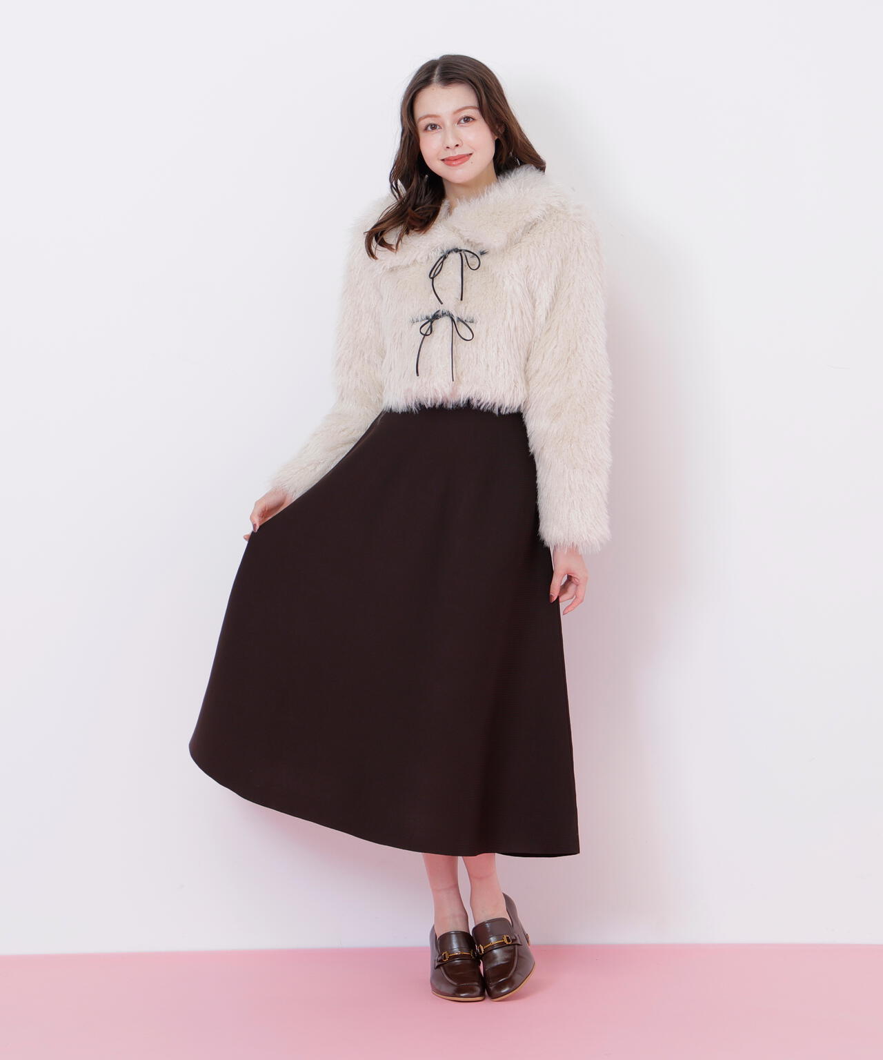 アイボリー リボンダッフル　ラビットファーショートコート withsun アイボリー リボンダッフル ラビットファーショートコート withsun