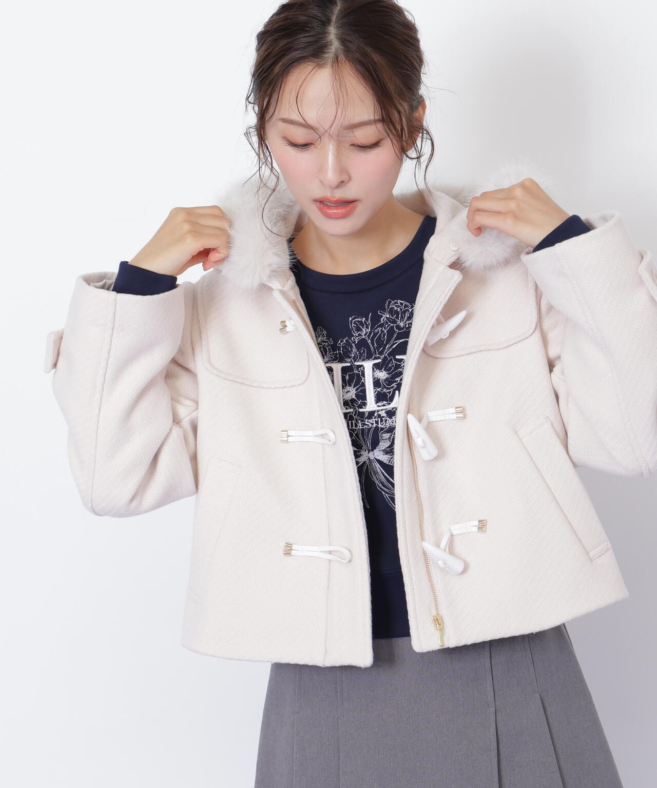 フェイクファー付ショートダッフルコート