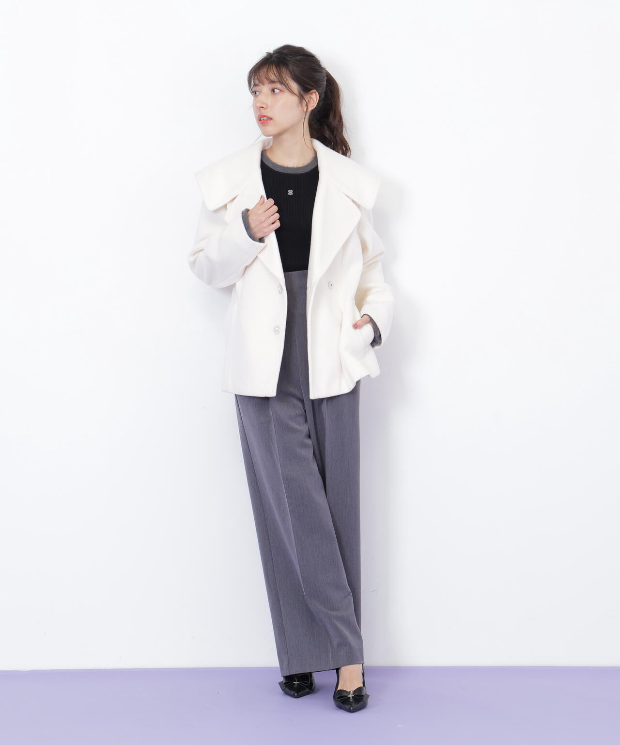 ビジュー釦ビッグカラーショートコート