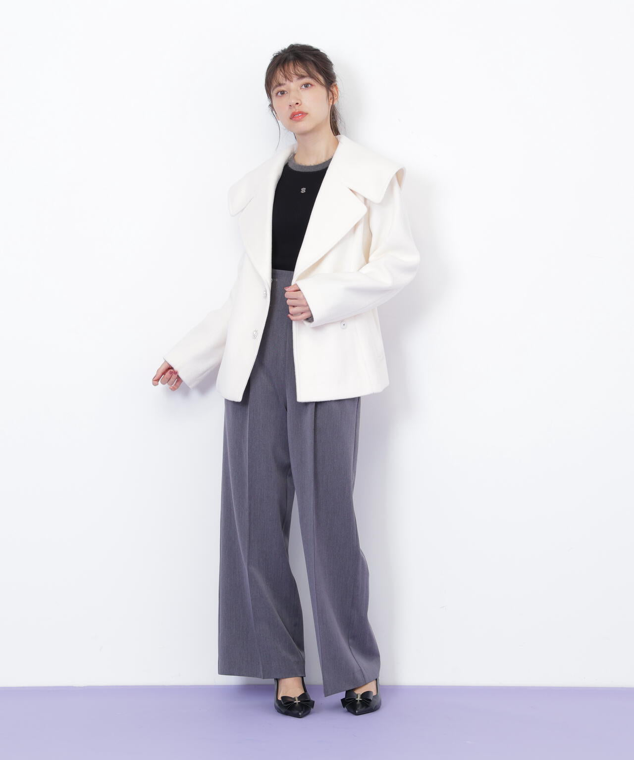 ビジュー釦ビッグカラーショートコート