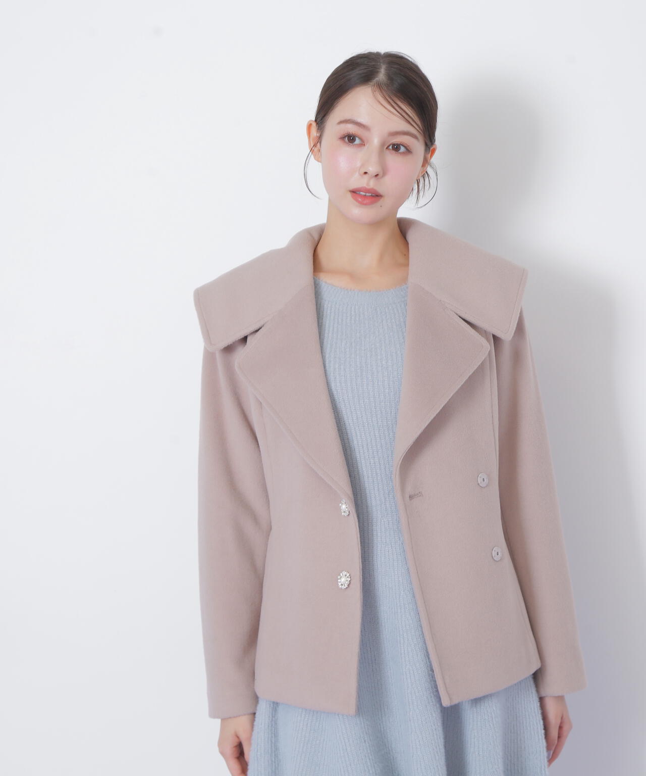 美品✨ベイジ カシミヤ混 ビックカラー ショートコート グレージュ 4 index（インデックス）の「◇カシミヤ混ノーカラーショートコート【WEB