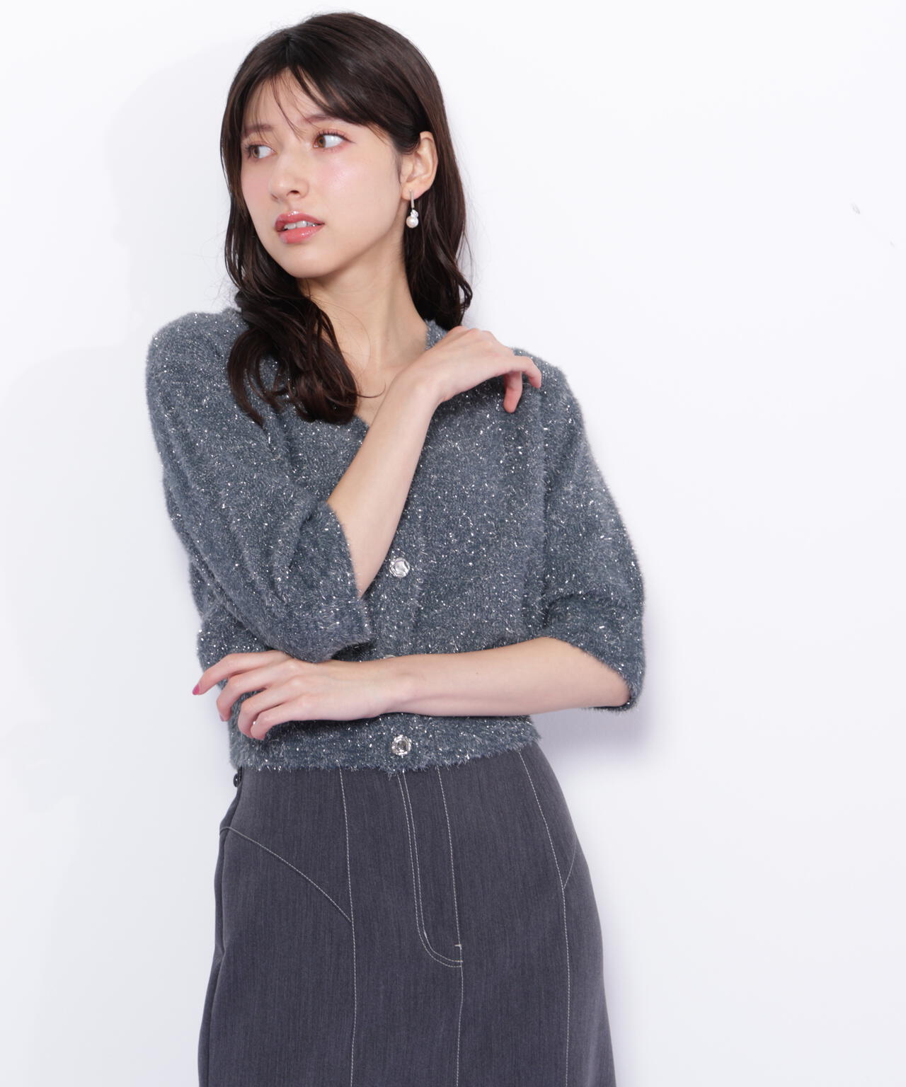 ラメフェザー半袖カーディガン