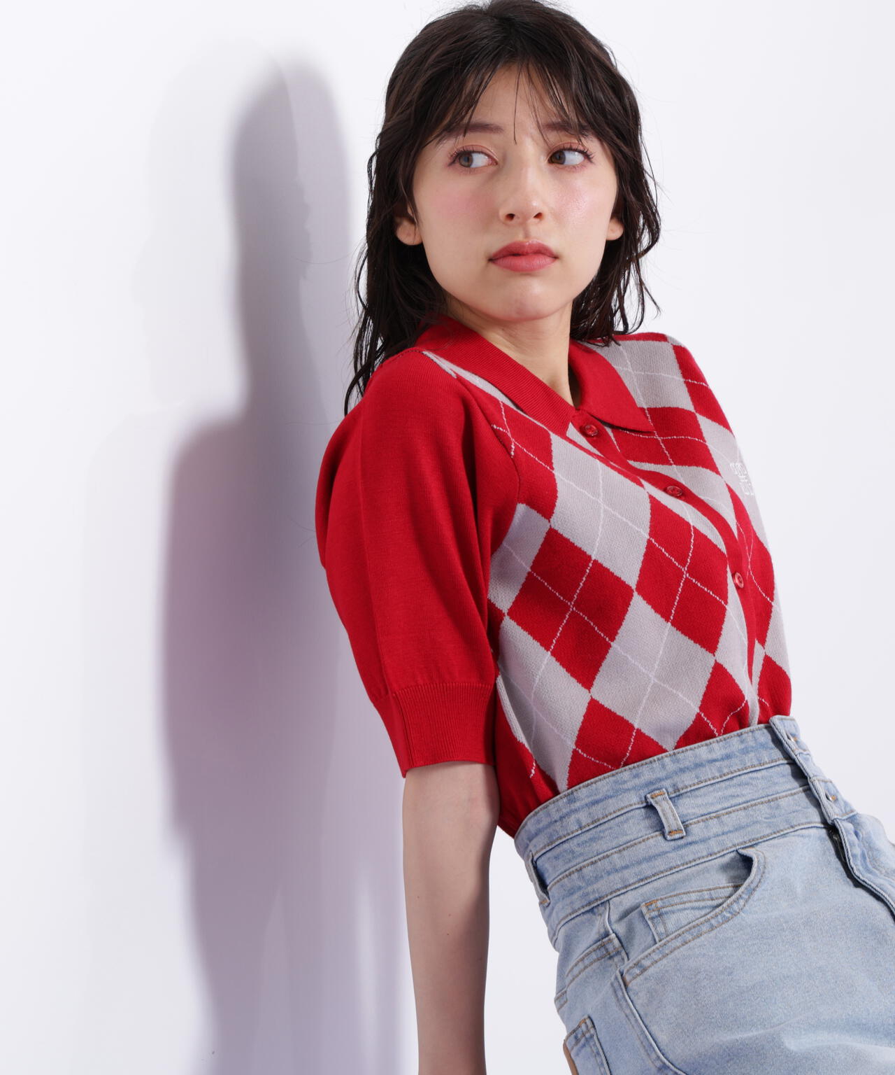 ポロ衿アーガイルニット