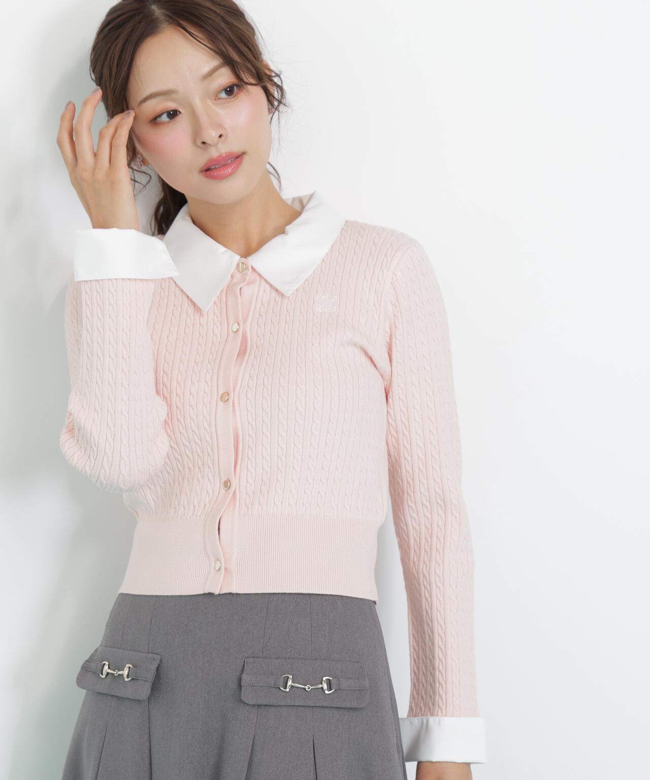衿付きミニケーブルカーディガン