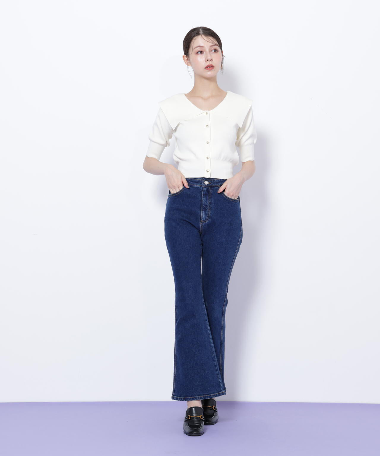 半袖ビッグカラーデザイン釦ニット