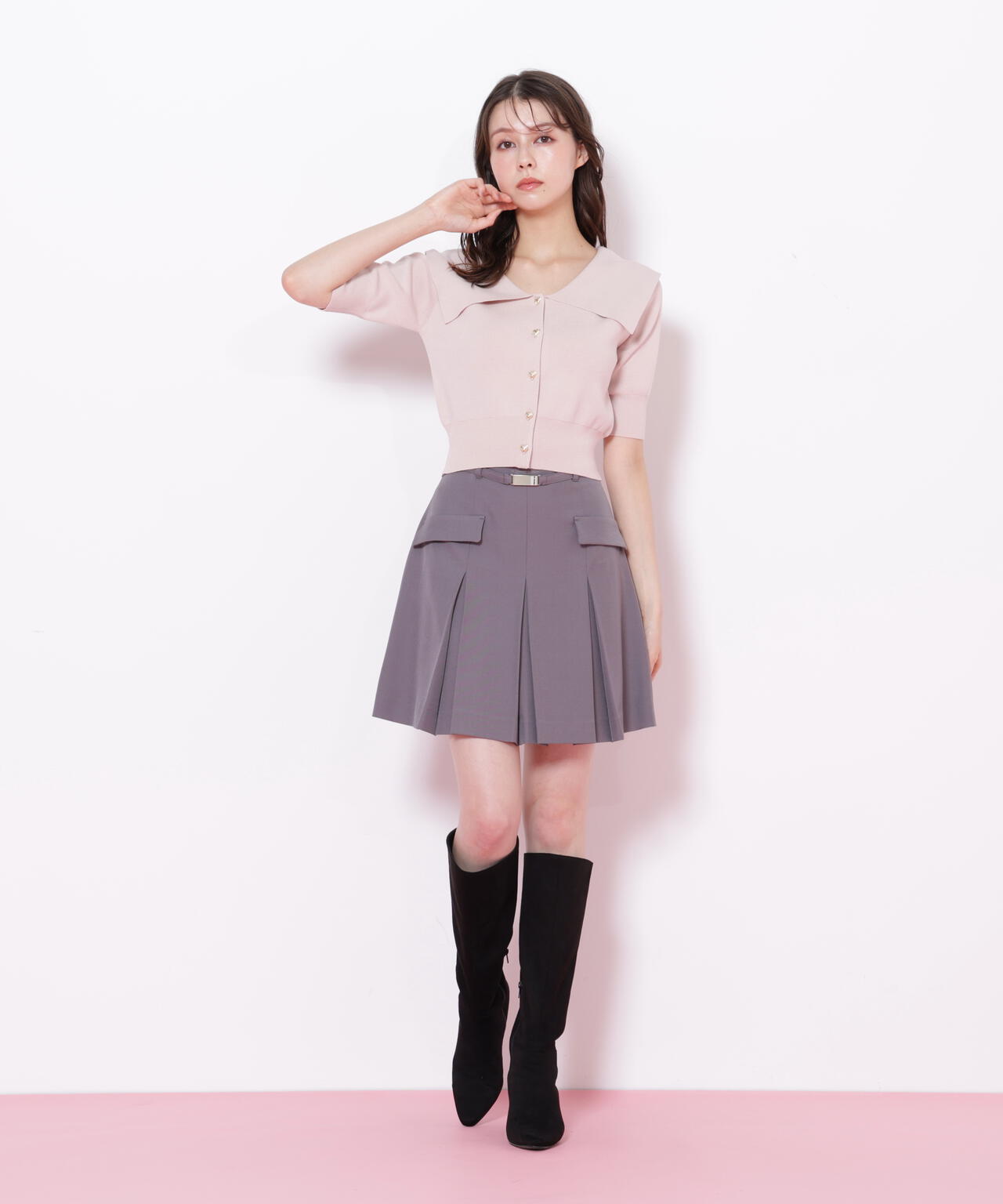 半袖ビッグカラーデザイン釦ニット