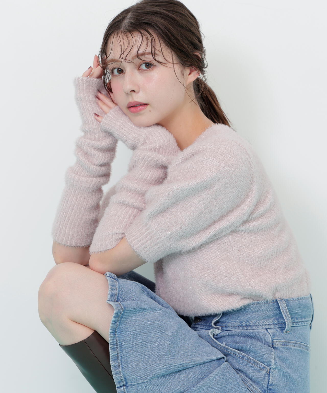 アームウォーマー付きモールシャギーニット