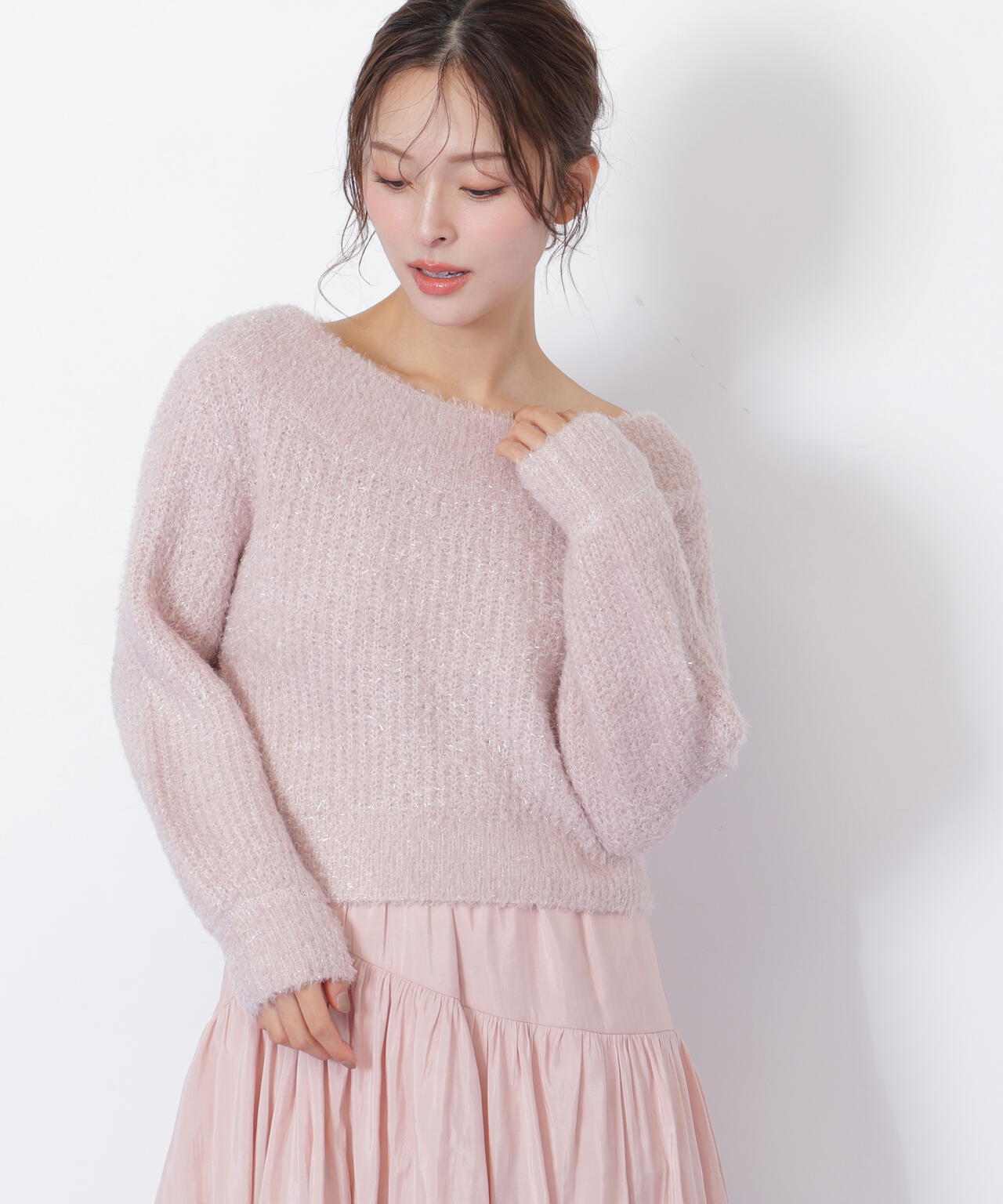 petit frill knit ピンク ジルチュ JILTU ニット ジルバイジルスチュアート JILL by JILLSTUART 肩開きリボンエンブロイ