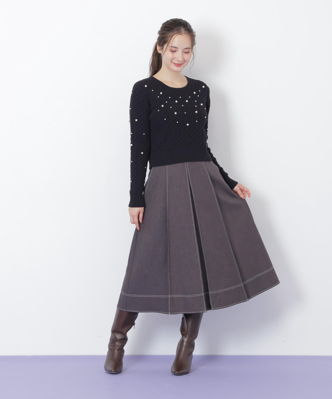 ランダムパールミニケーブルニット