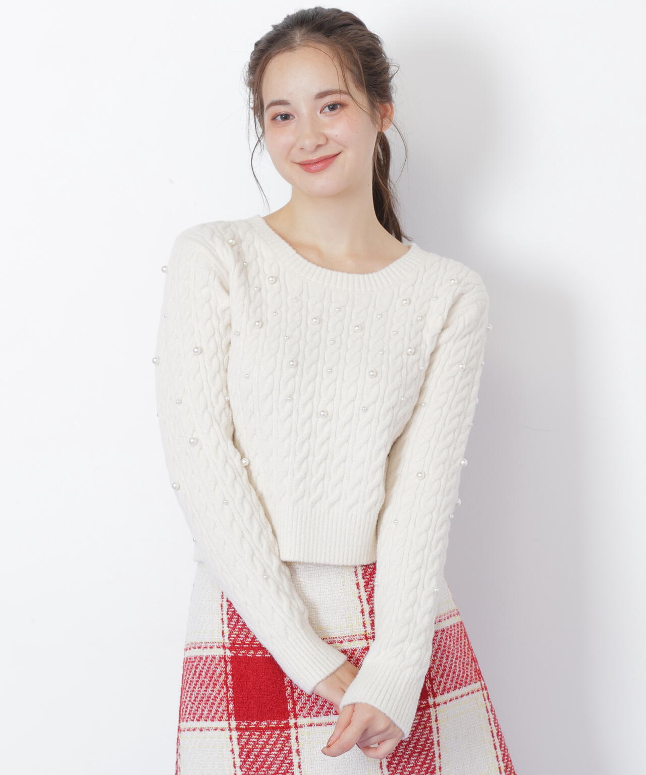 ランダムパールミニケーブルニット