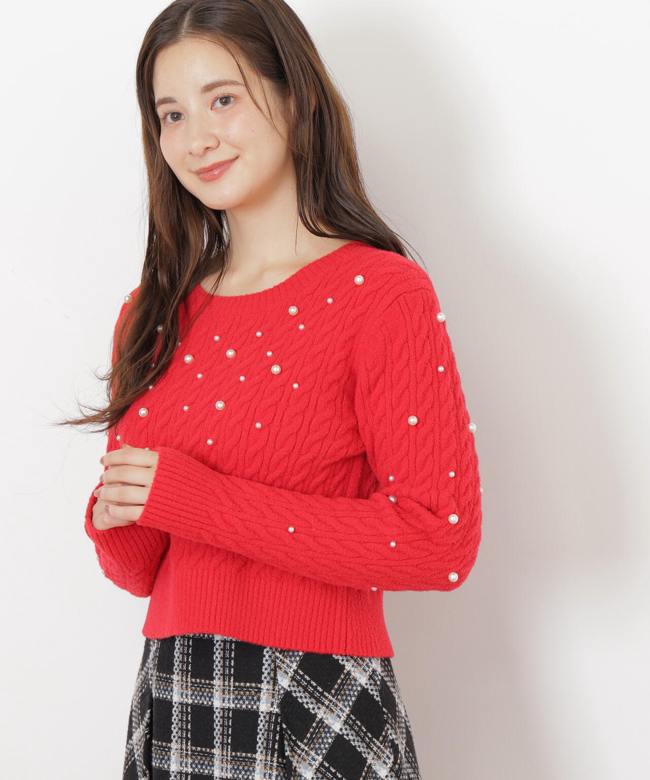 ランダムパールミニケーブルニット