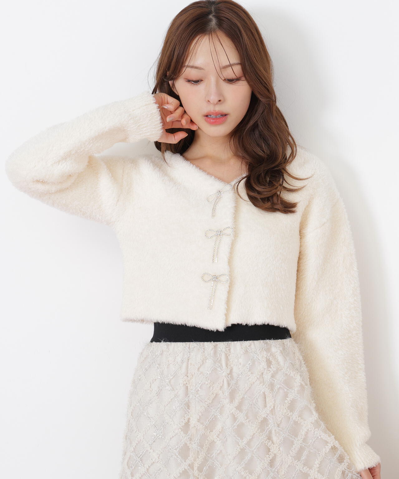 ビジューフェザーロングカーディガン アイボリー タグ付き 新色追加】ビジューフェザーロングカーディガン（カーディガン/ボレロ