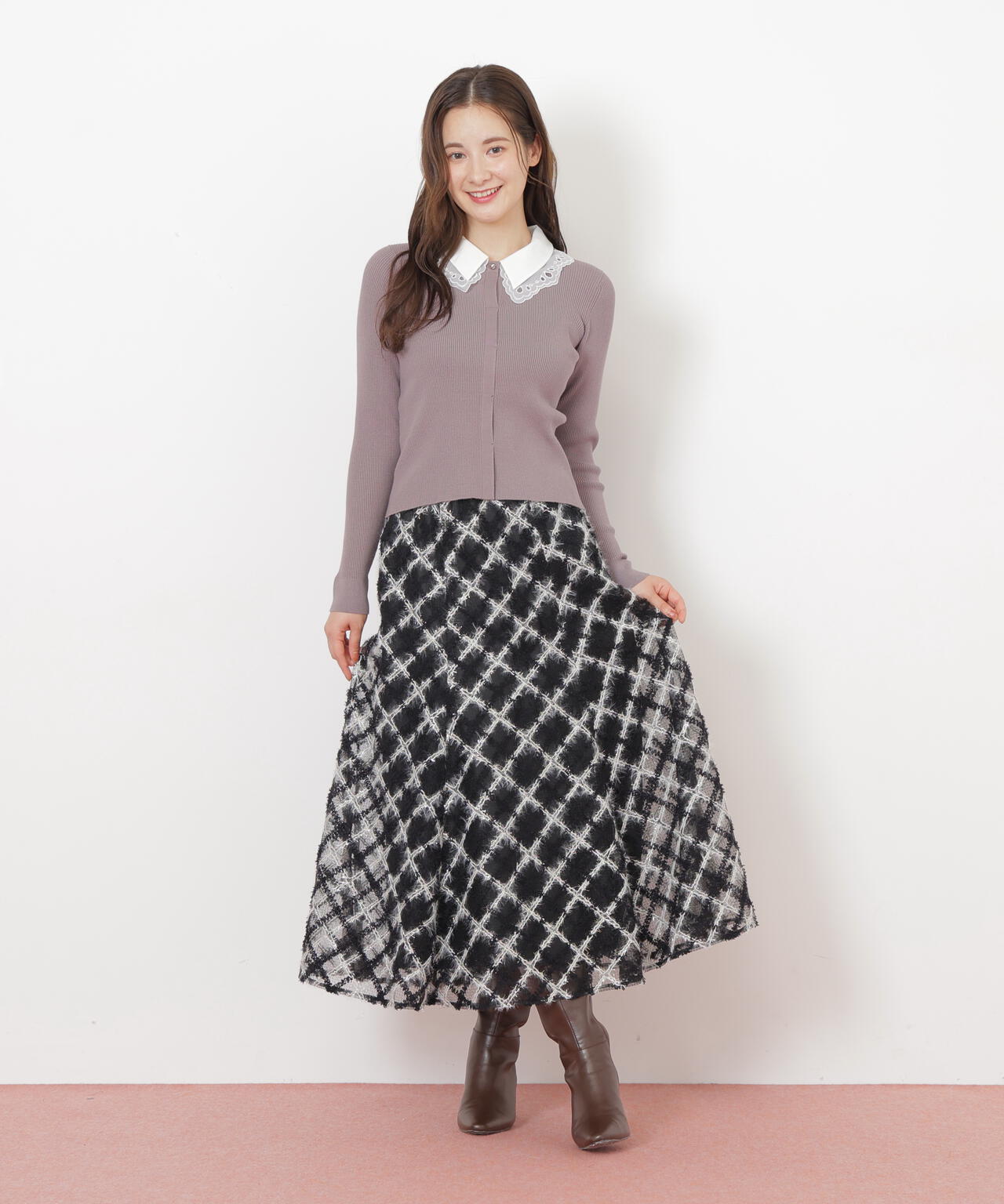 レース衿レイヤードニット