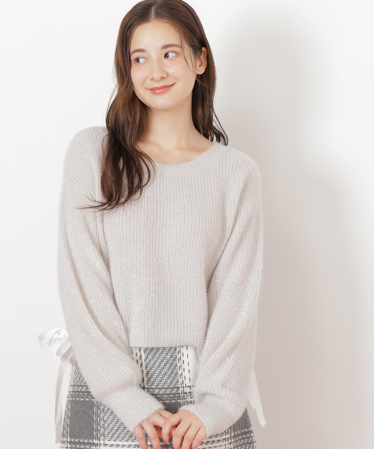 サイドリボンフィルムフェザーニット