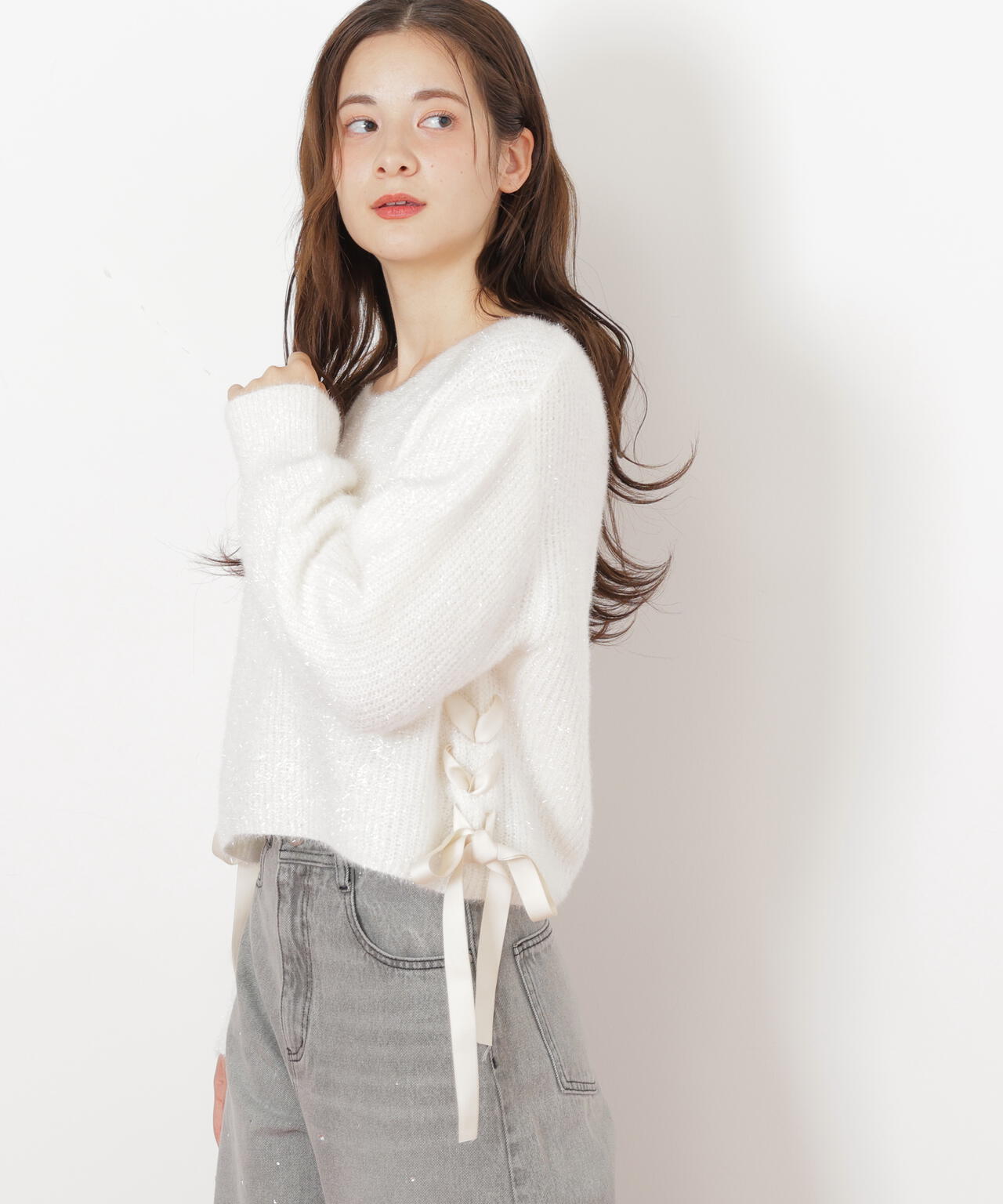 サイドリボンフィルムフェザーニット