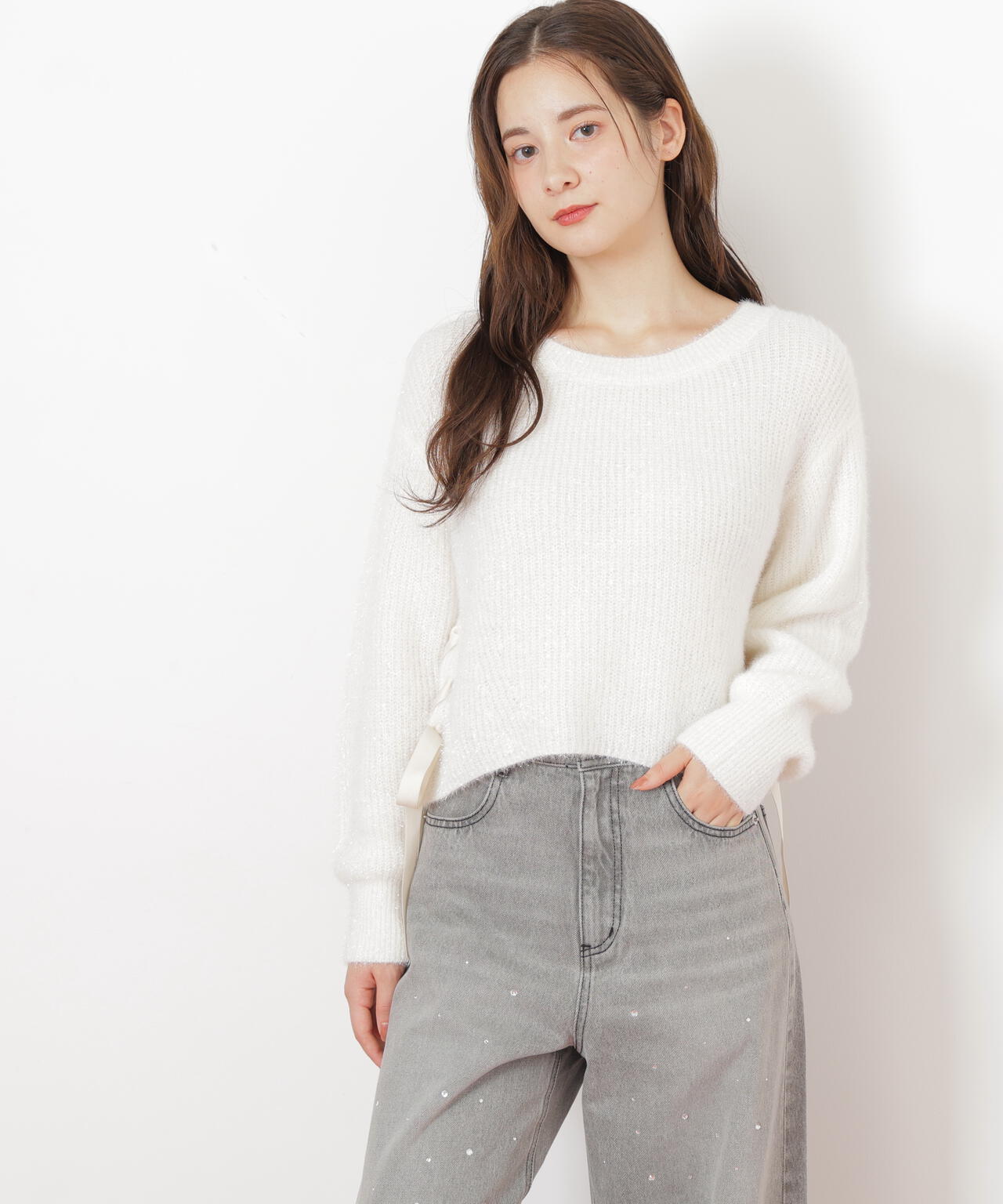 サイドリボンフィルムフェザーニット