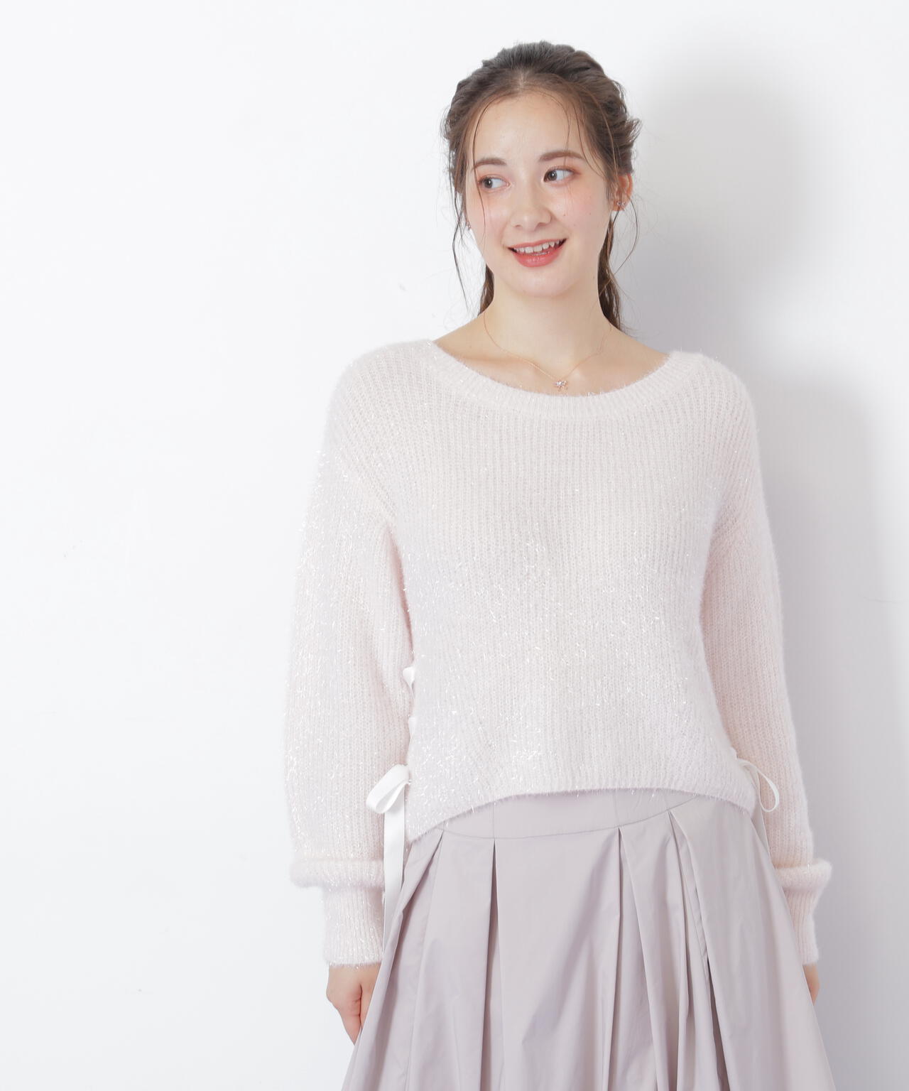 サイドリボンフィルムフェザーニット