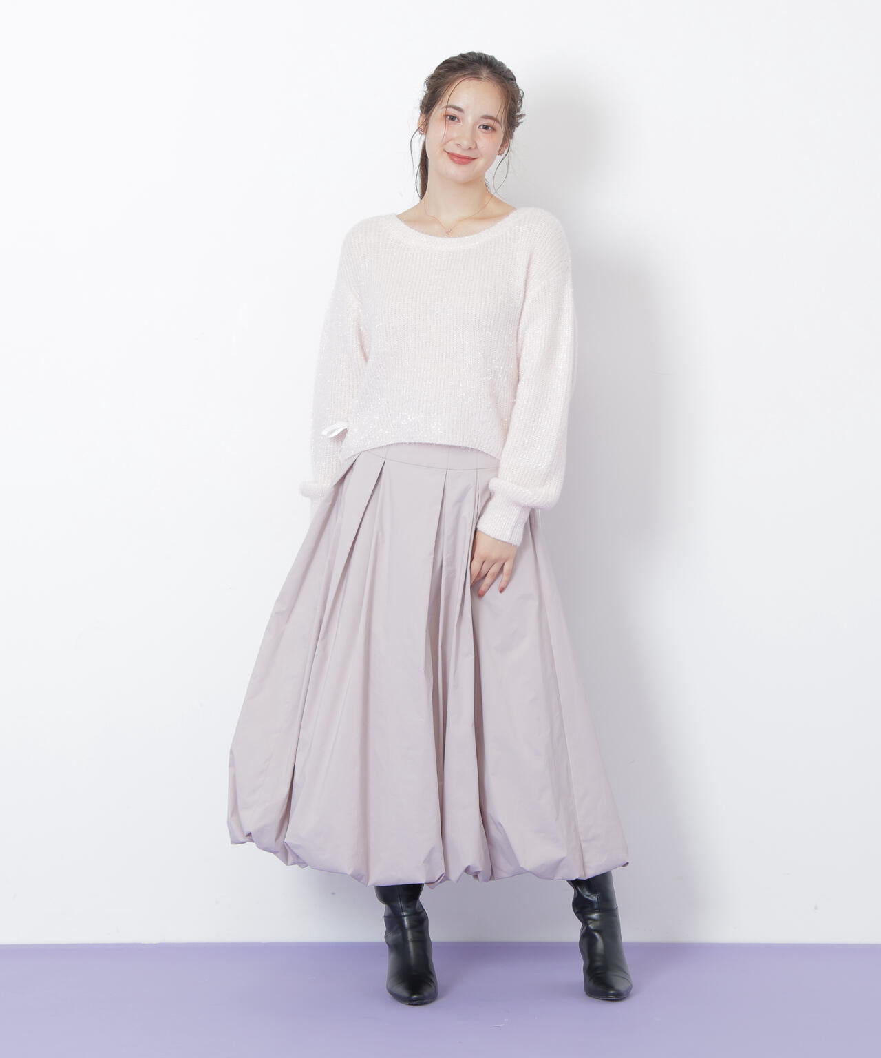 サイドリボンフィルムフェザーニット