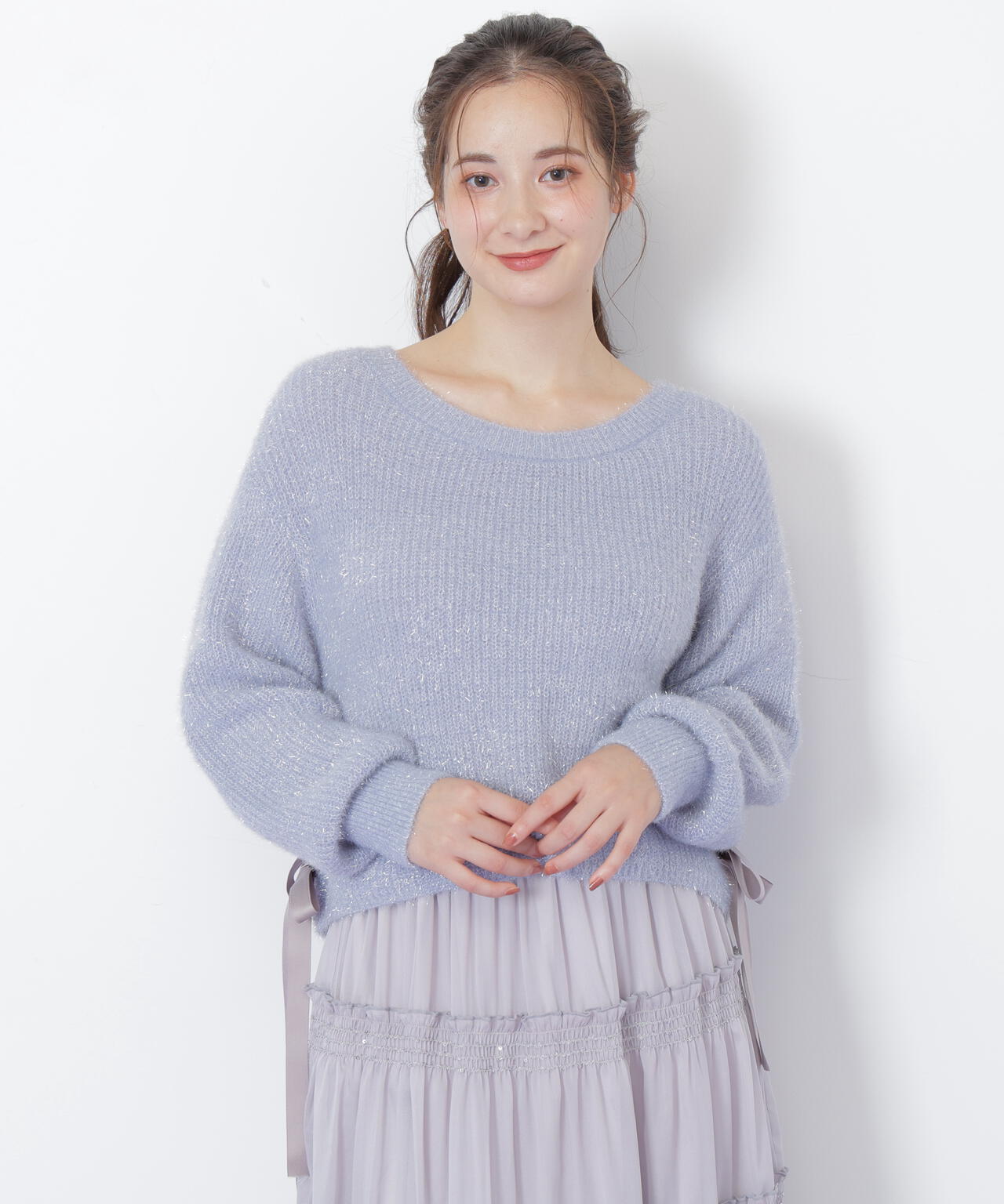 サイドリボンフィルムフェザーニット