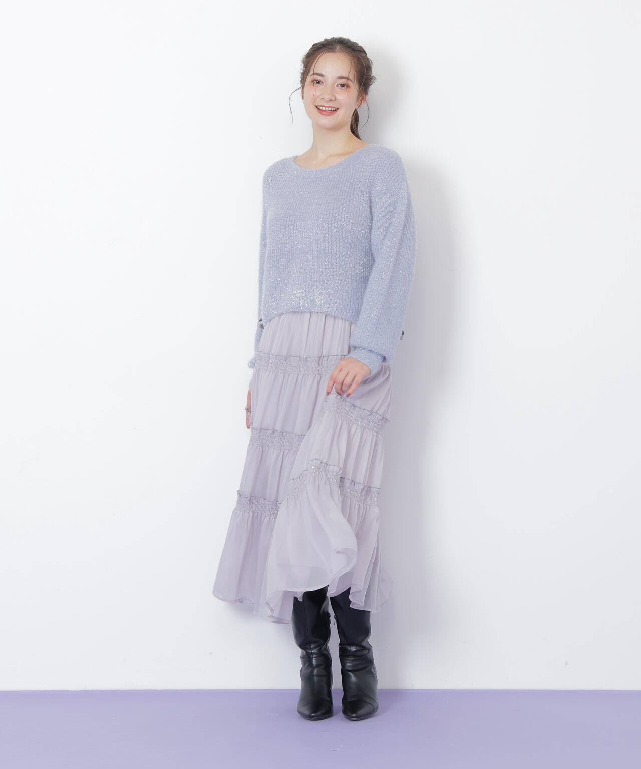 サイドリボンフィルムフェザーニット