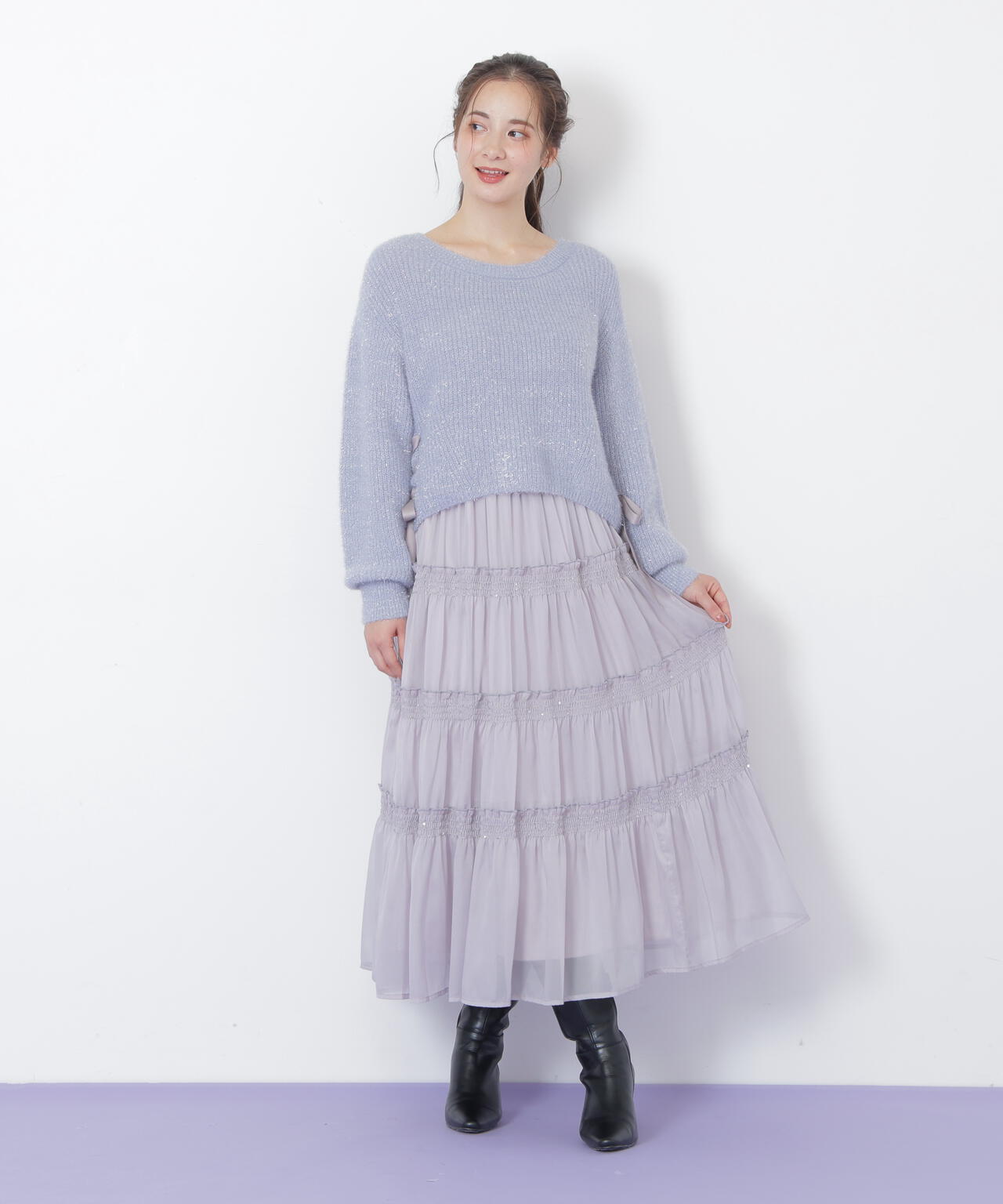 サイドリボンフィルムフェザーニット