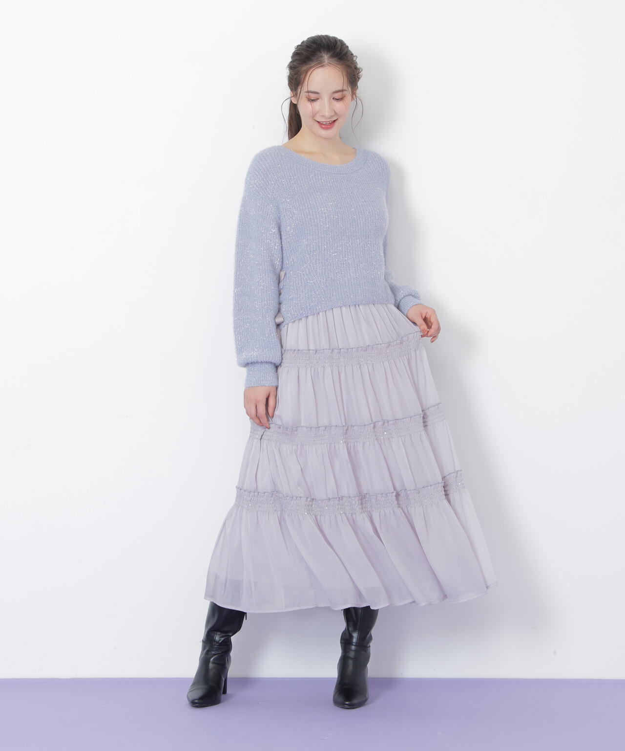 サイドリボンフィルムフェザーニット