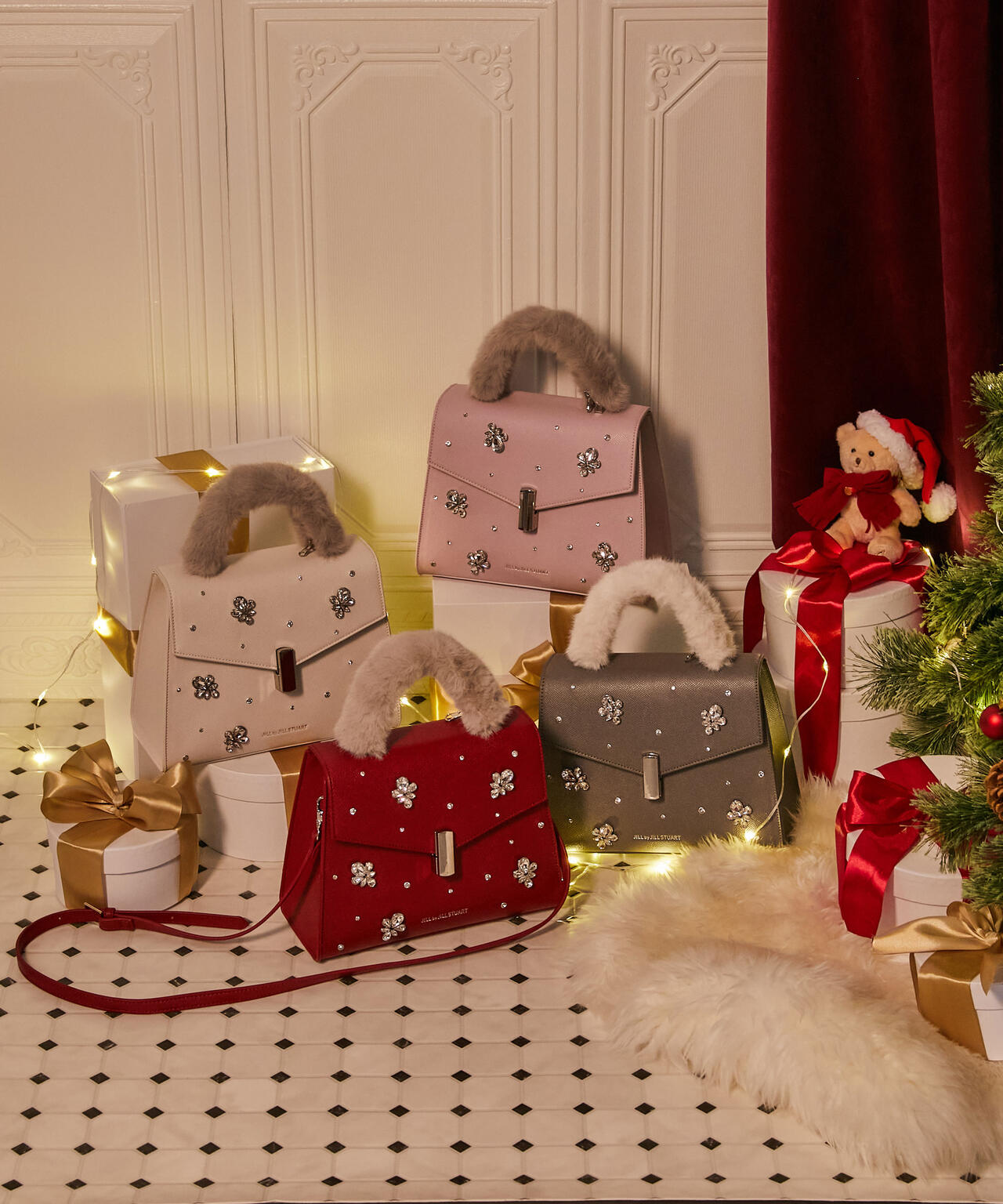 ランダムビジューファーハンドルバッグ