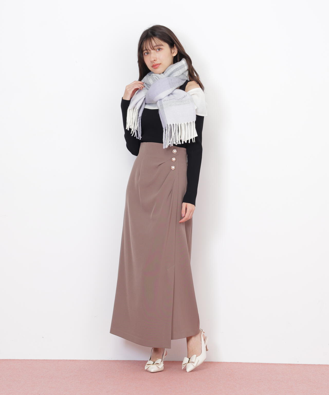 【新品】ジルバイジルスチュアート エンブロイダリーロゴチェックストール　モカ エンブロイダリーロゴチェックストール | JILL by JILL STUART（ジル