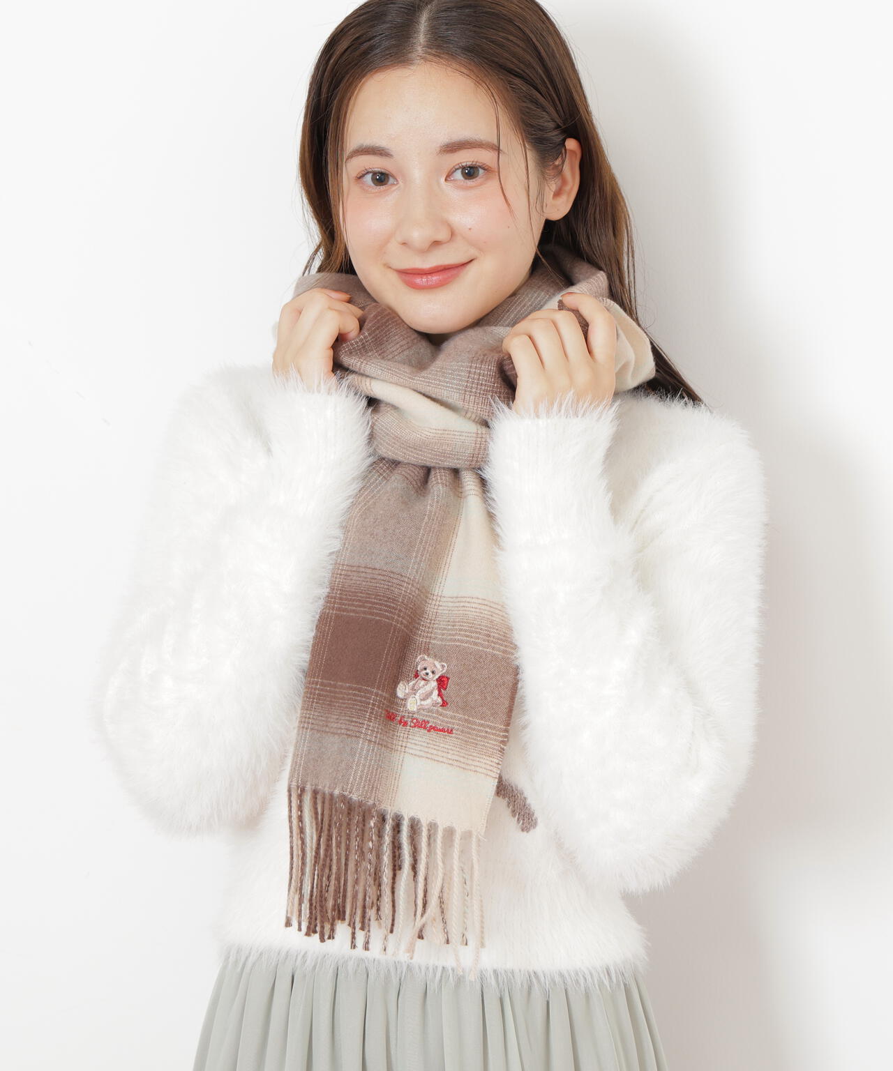 ＜BEARシリーズ＞Holidayベア刺繍チェックストール