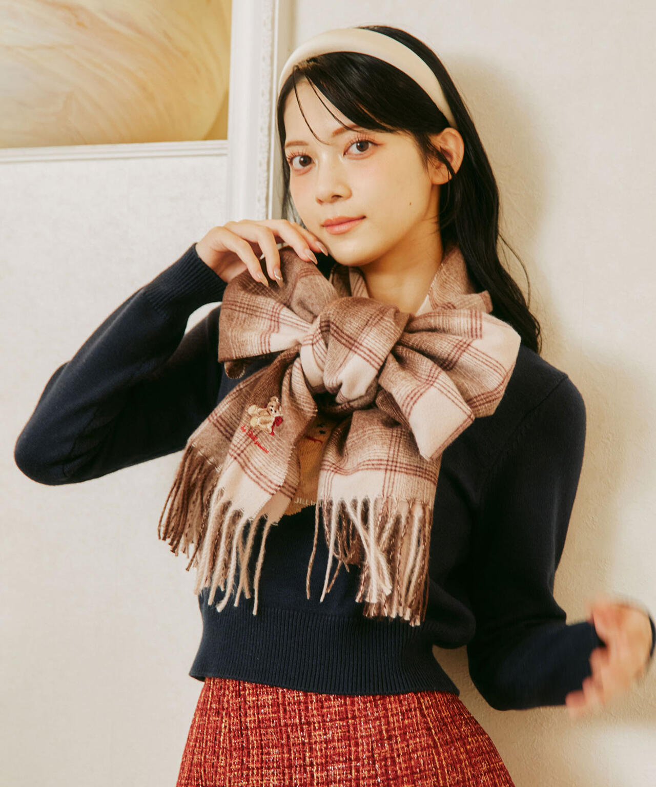 ＜BEARシリーズ＞Holidayベア刺繍チェックストール