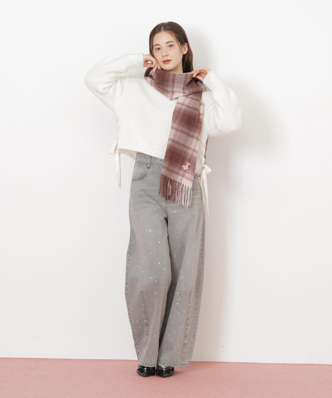 ＜BEARシリーズ＞Holidayベア刺繍チェックストール