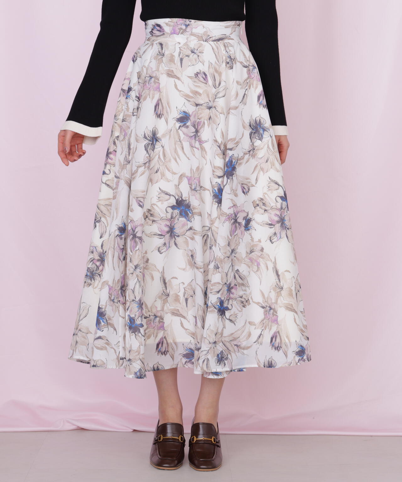 シアーアートフラワープリントスカート