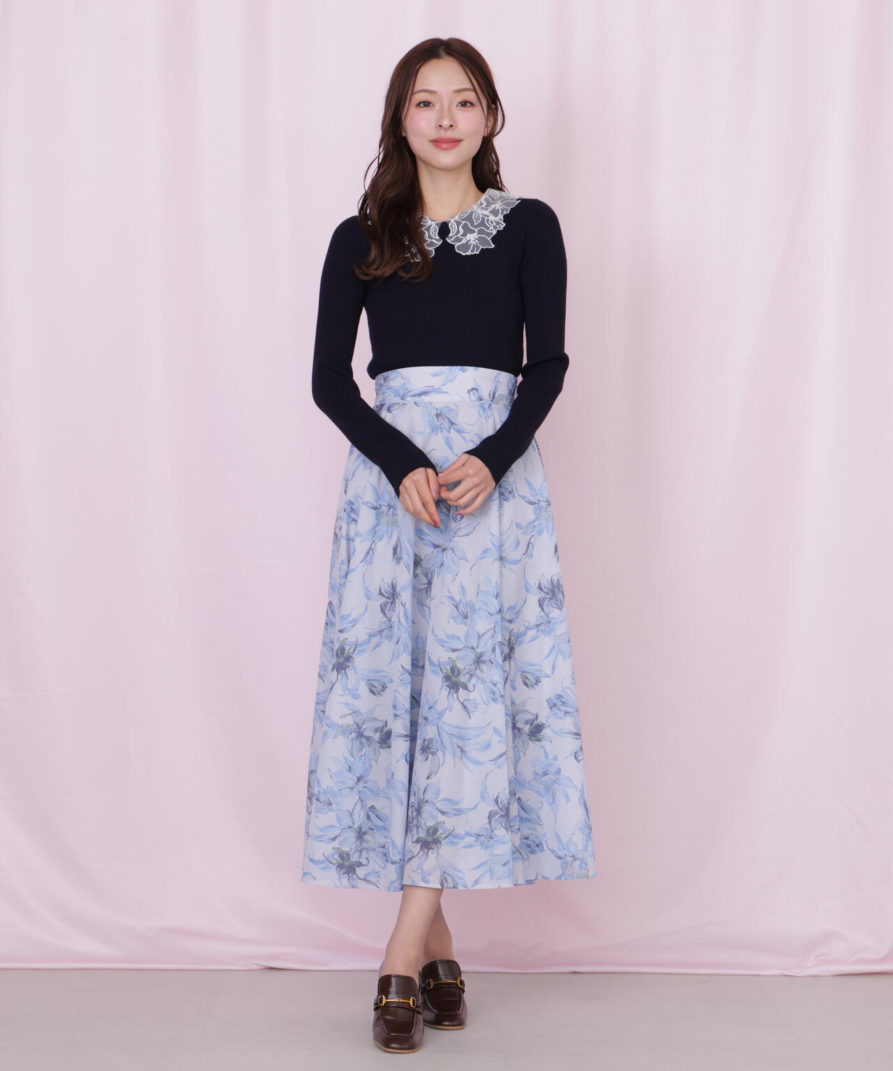 シアーアートフラワープリントスカート