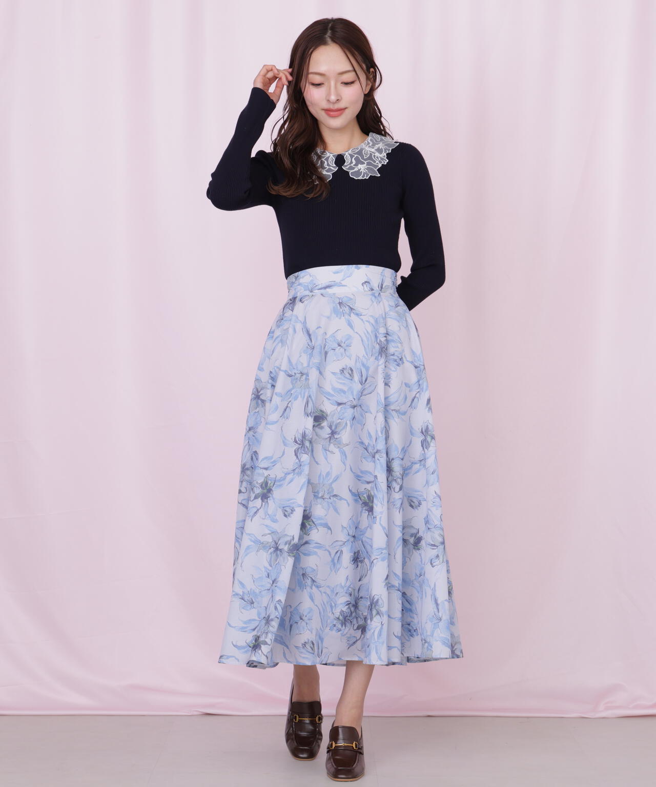 シアーアートフラワープリントスカート