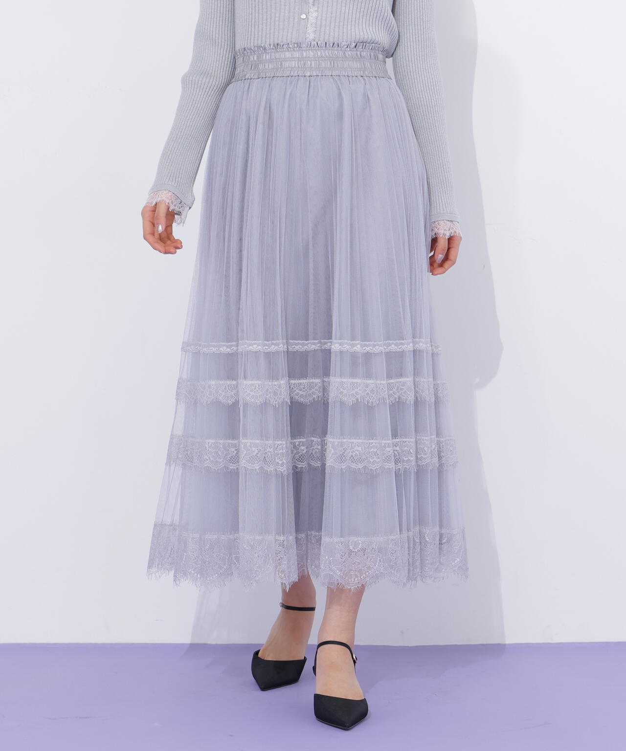ヘムレースプリーツチュールスカート