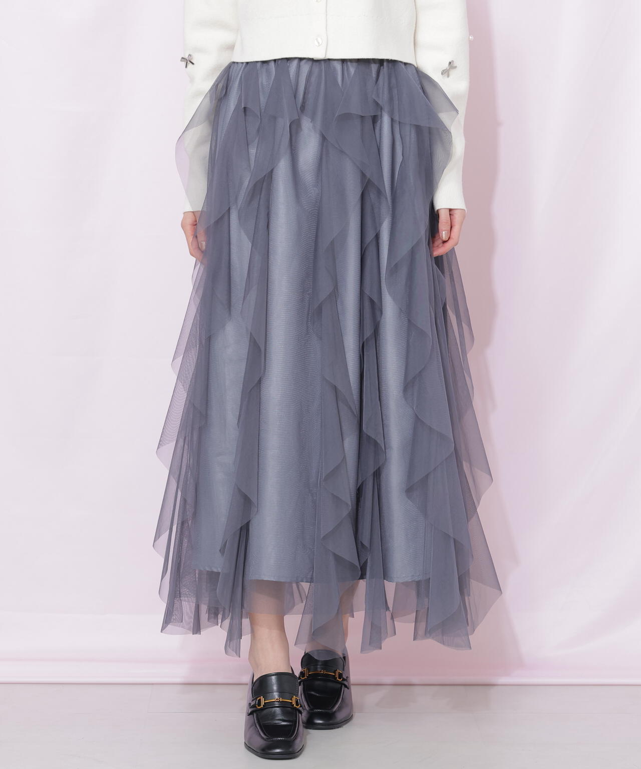 縦ラッフルチュールスカート