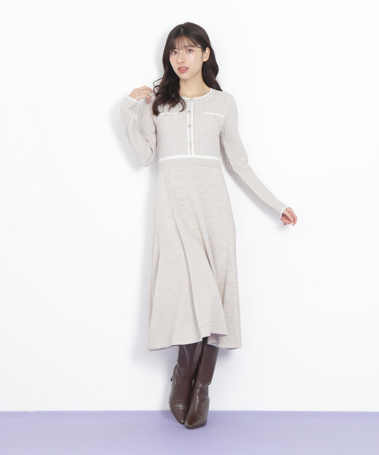 ラメツイード配色ニットワンピース